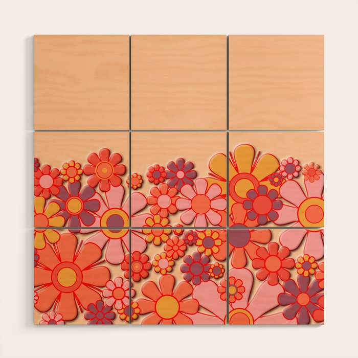 Retro Garden Flower Cuff Puffy Look Pink Peach Orange 60s 70s Pattern Wood Wall Art Gallery Image 1