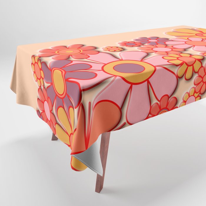 Retro Garden Flower Cuff Puffy Look Pink Peach Orange 60s 70s Pattern Tablecloth Gallery Image 1