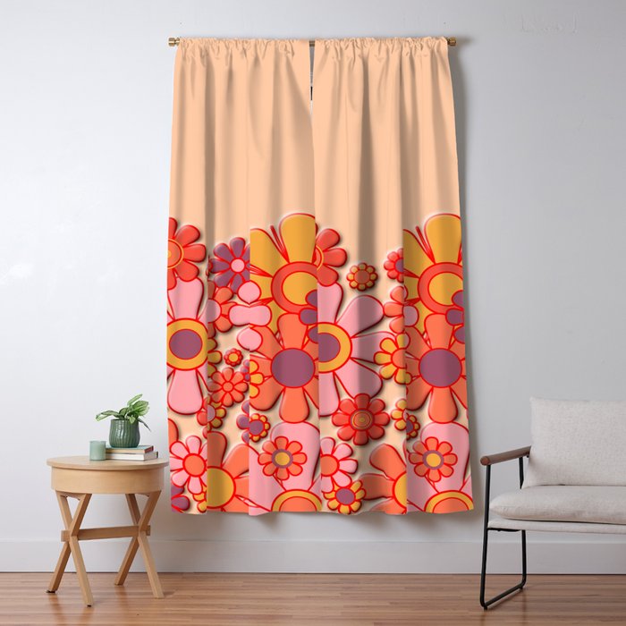 Retro Garden Flower Cuff Puffy Look Pink Peach Orange 60s 70s Pattern Window Curtain Gallery Image 1