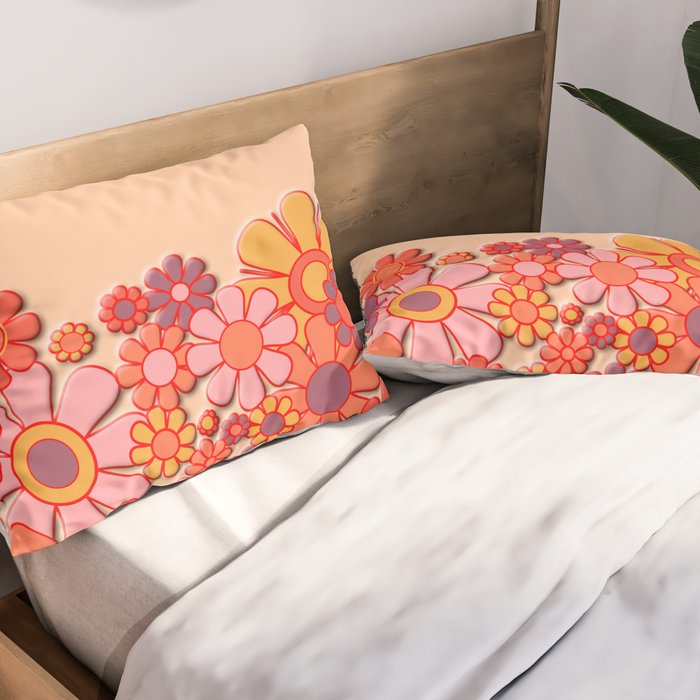 Retro Garden Flower Cuff Puffy Look Pink Peach Orange 60s 70s Pattern Pillow Sham Gallery Image 2