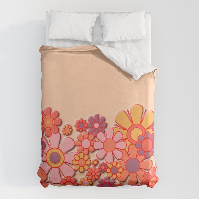 Retro Garden Flower Cuff Puffy Look Pink Peach Orange 60s 70s Pattern Duvet Cover Gallery Image 1