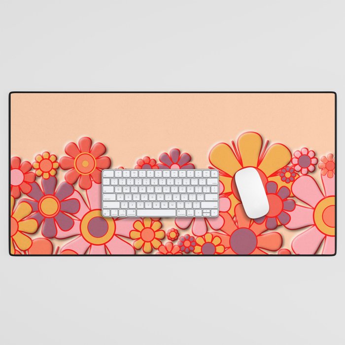 Retro Garden Flower Cuff Puffy Look Pink Peach Orange 60s 70s Pattern Desk Mat Gallery Image 1