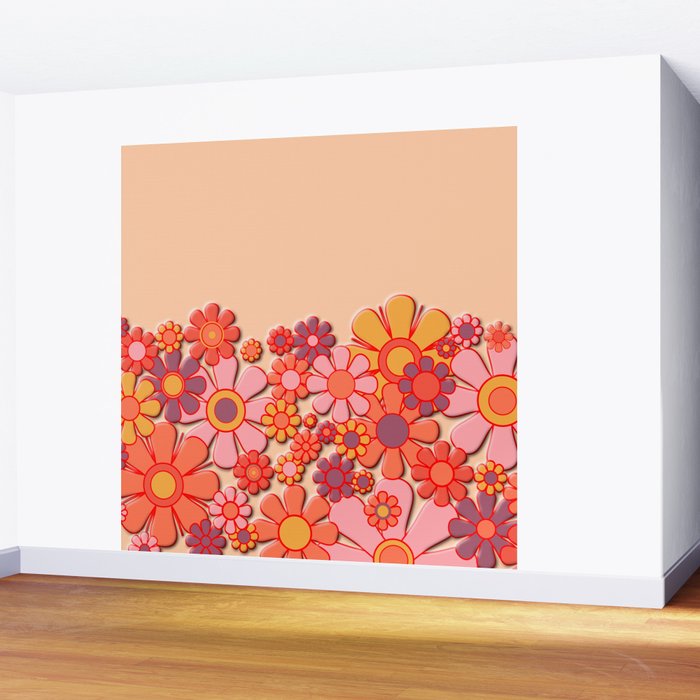 Retro Garden Flower Cuff Puffy Look Pink Peach Orange 60s 70s Pattern Wall Mural Gallery Image 2