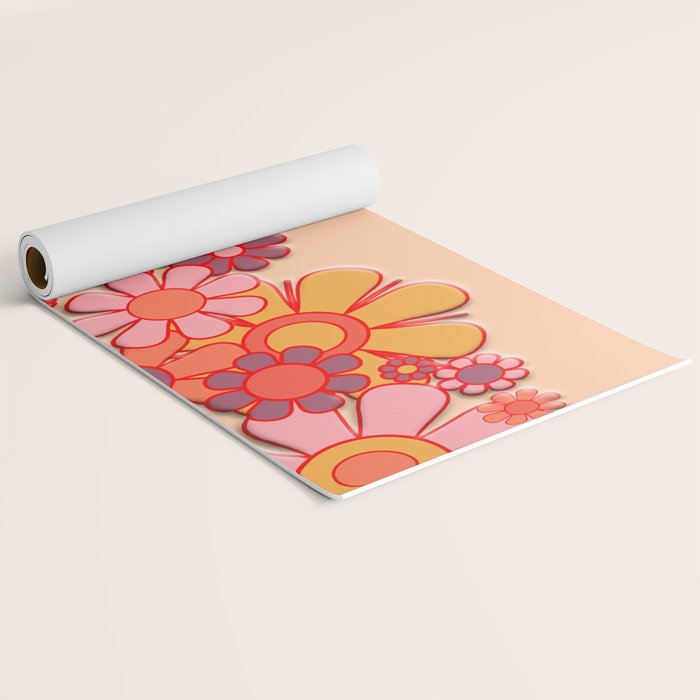 Retro Garden Flower Cuff Puffy Look Pink Peach Orange 60s 70s Pattern Yoga Mat Gallery Image 2