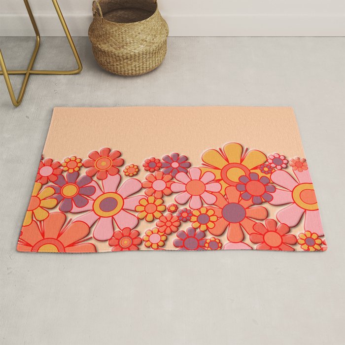 Retro Garden Flower Cuff Puffy Look Pink Peach Orange 60s 70s Pattern Rug Gallery Image 1