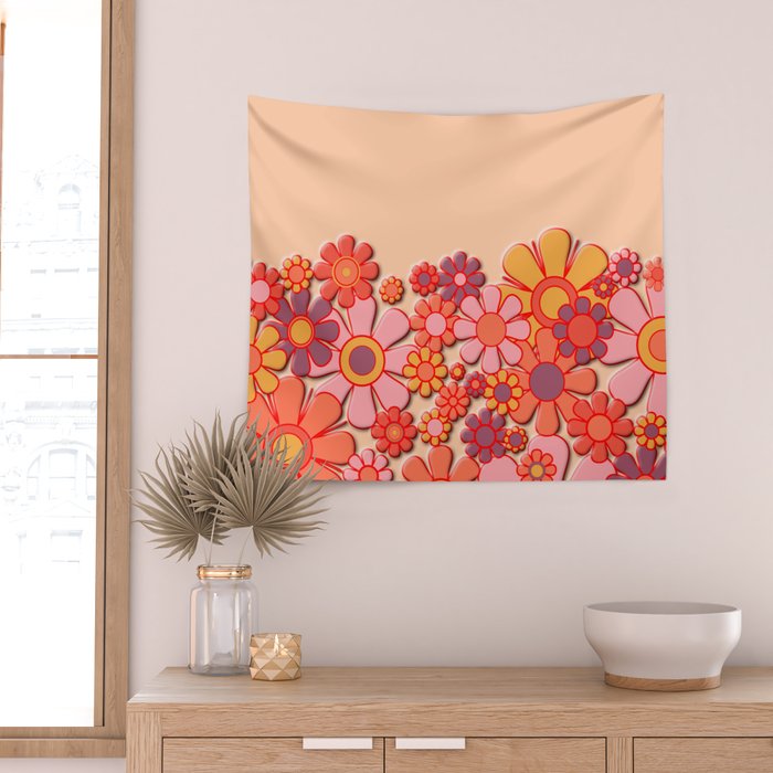 Retro Garden Flower Cuff Puffy Look Pink Peach Orange 60s 70s Pattern Wall Tapestry Gallery Image 2