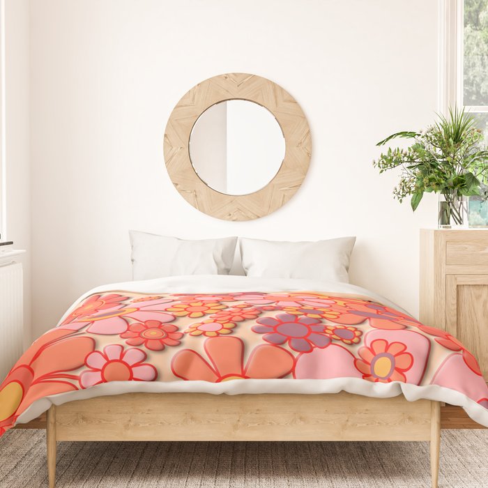 Retro Garden Flower Cuff Puffy Look Pink Peach Orange 60s 70s Pattern Duvet Cover Gallery Image 3