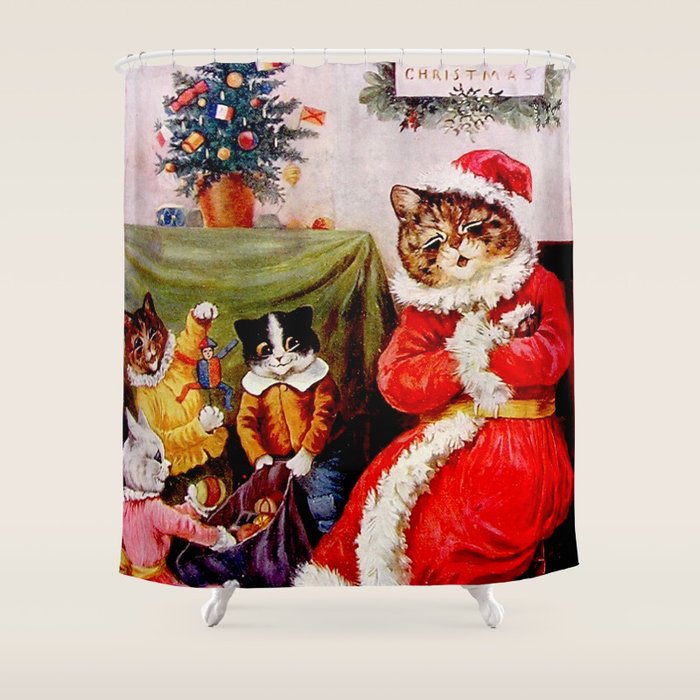 'A Merry Christmas' Vintage Cat Art by Louis Wain Shower Curtain Gallery Image 1