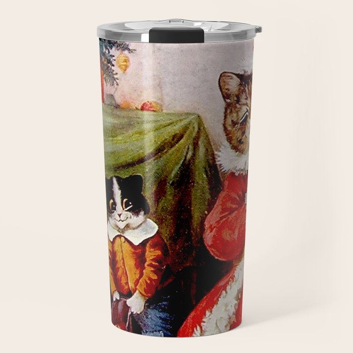 'A Merry Christmas' Vintage Cat Art by Louis Wain Travel Mug Gallery Image 1