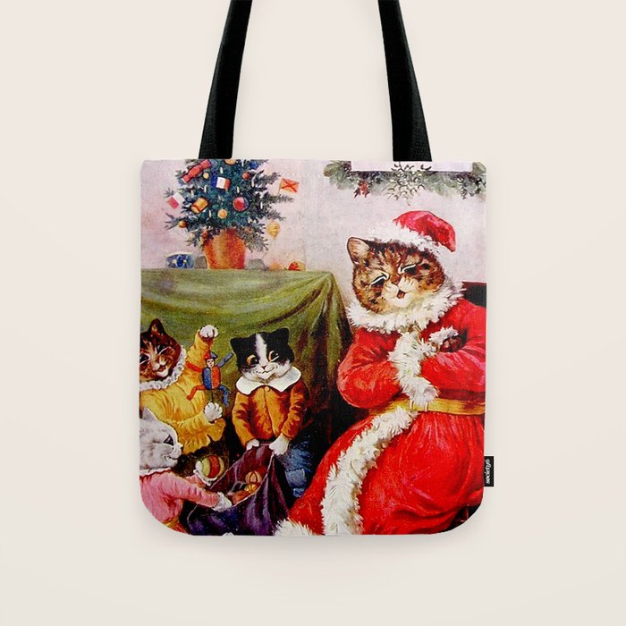 'A Merry Christmas' Vintage Cat Art by Louis Wain Tote Bag Gallery Image 1