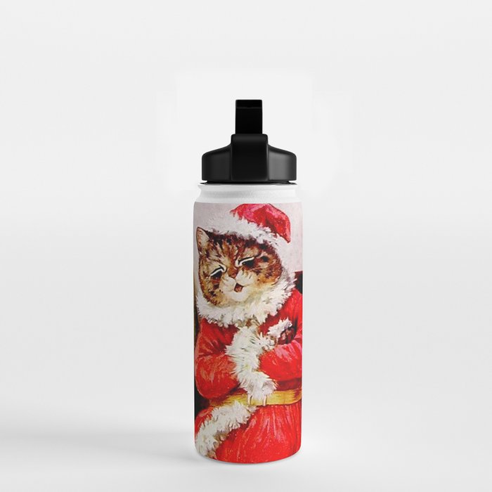 'A Merry Christmas' Vintage Cat Art by Louis Wain Water Bottle Gallery Image 2