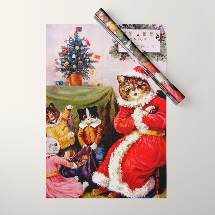 'A Merry Christmas' Vintage Cat Art by Louis Wain Wrapping Paper Gallery Image 1