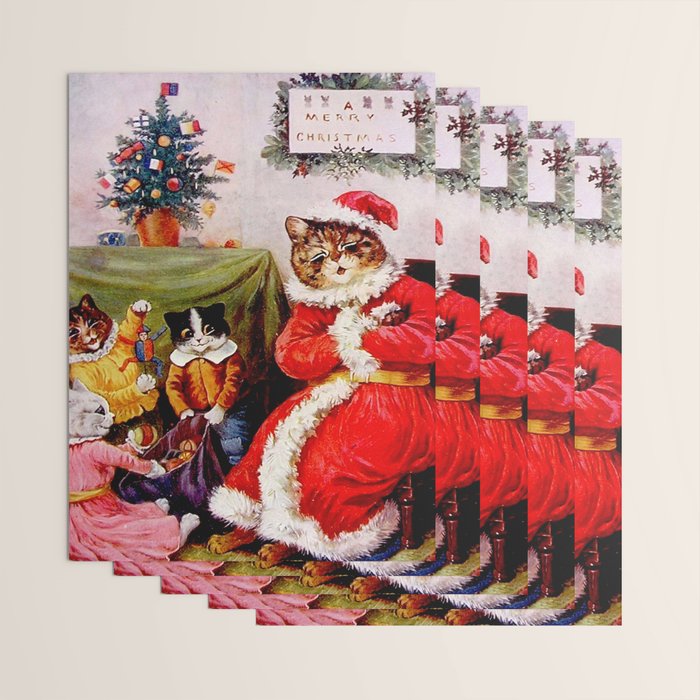 'A Merry Christmas' Vintage Cat Art by Louis Wain Wrapping Paper Gallery Image 3