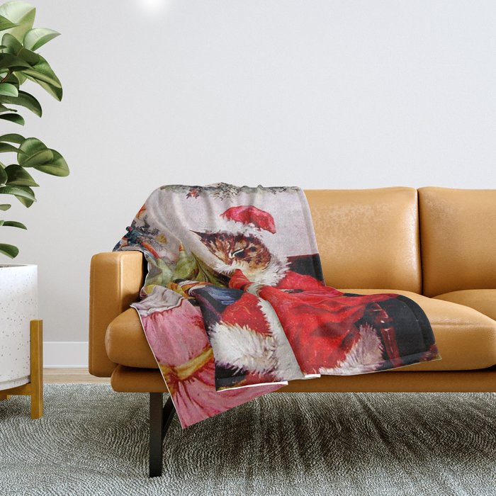 'A Merry Christmas' Vintage Cat Art by Louis Wain Throw Blanket Gallery Image 1