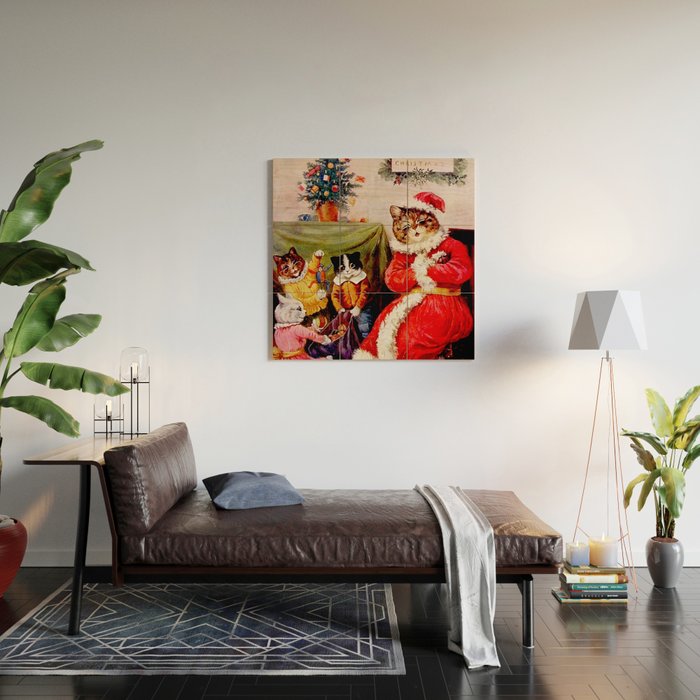 'A Merry Christmas' Vintage Cat Art by Louis Wain Wood Wall Art Gallery Image 2