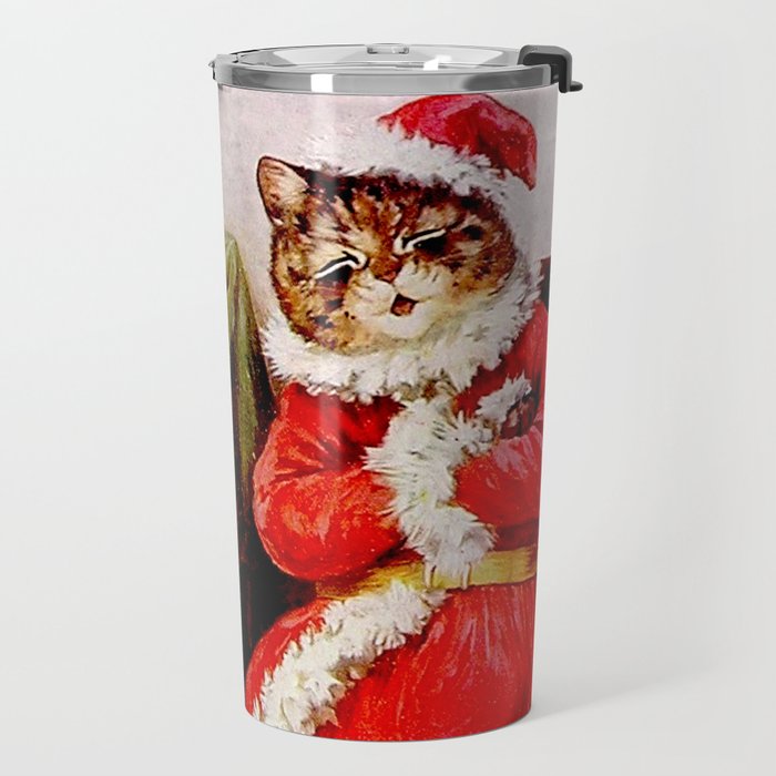 'A Merry Christmas' Vintage Cat Art by Louis Wain Travel Mug Gallery Image 2