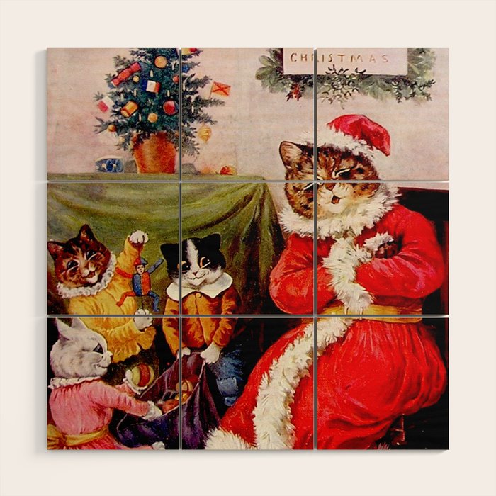 'A Merry Christmas' Vintage Cat Art by Louis Wain Wood Wall Art Gallery Image 1