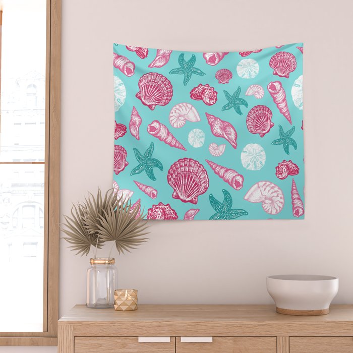 Seashell Pattern - Pink and mint Wall Tapestry Gallery Image 2