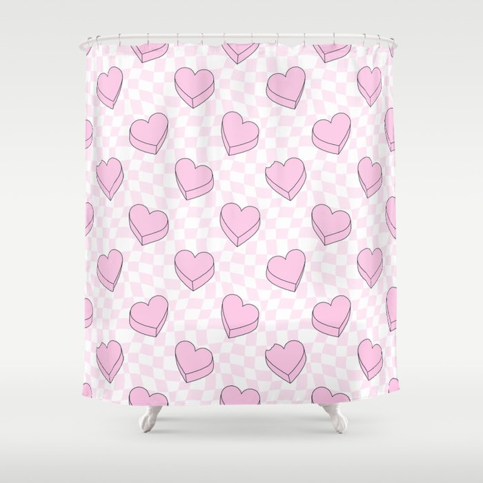Pink love heart candy checkered pattern Shower Curtain Gallery Image 1