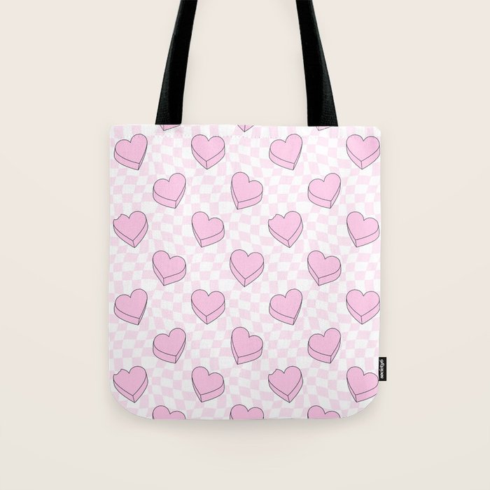 Pink love heart candy checkered pattern Tote Bag Gallery Image 1