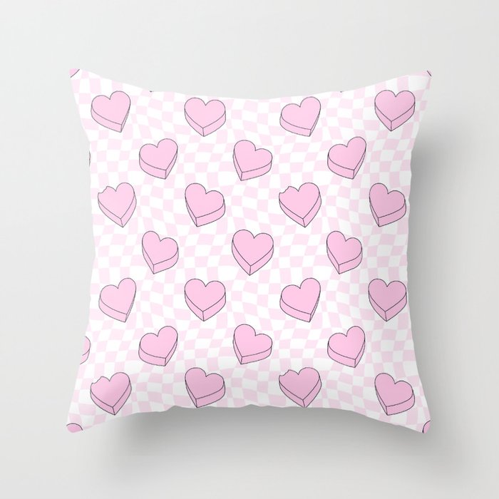 Pink love heart candy checkered pattern Throw Pillow Gallery Image 6