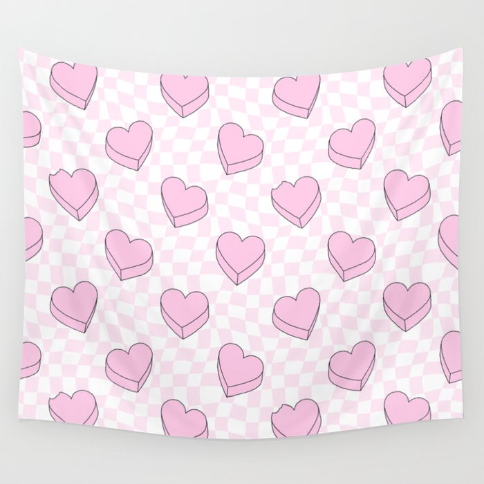 Pink love heart candy checkered pattern Wall Tapestry Gallery Image 4