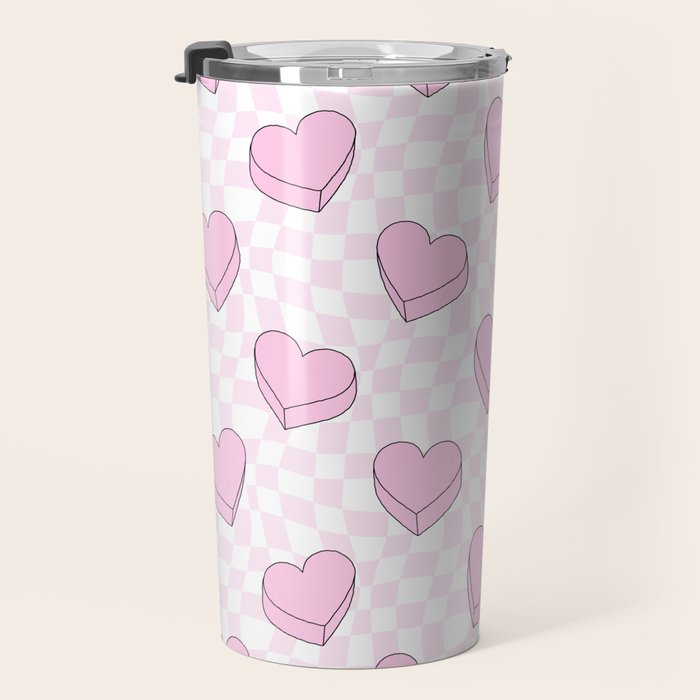 Pink love heart candy checkered pattern Travel Mug Gallery Image 3