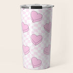 Pink love heart candy checkered pattern Travel Mug Gallery Image 1