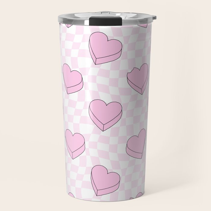 Pink love heart candy checkered pattern Travel Mug Gallery Image 1