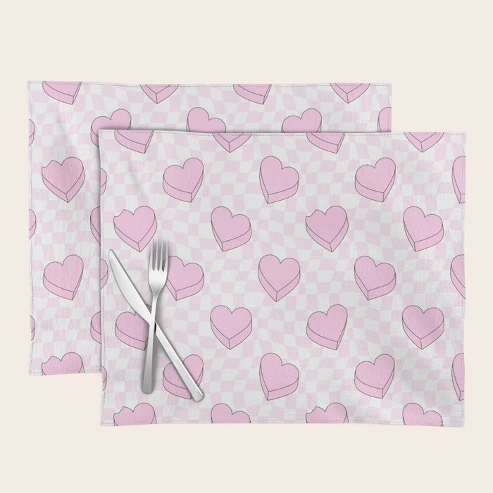Pink love heart candy checkered pattern Placemat Gallery Image 1