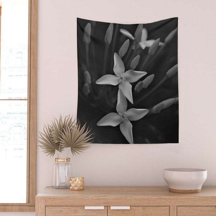 West Indian Jasmine 4-petaled flowers black and white photography / photograph Wall Tapestry Gallery Image 2