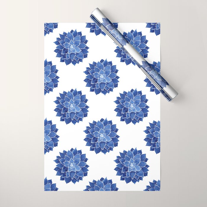 Indigo Succulent |  Watercolor Painting Wrapping Paper Gallery Image 1