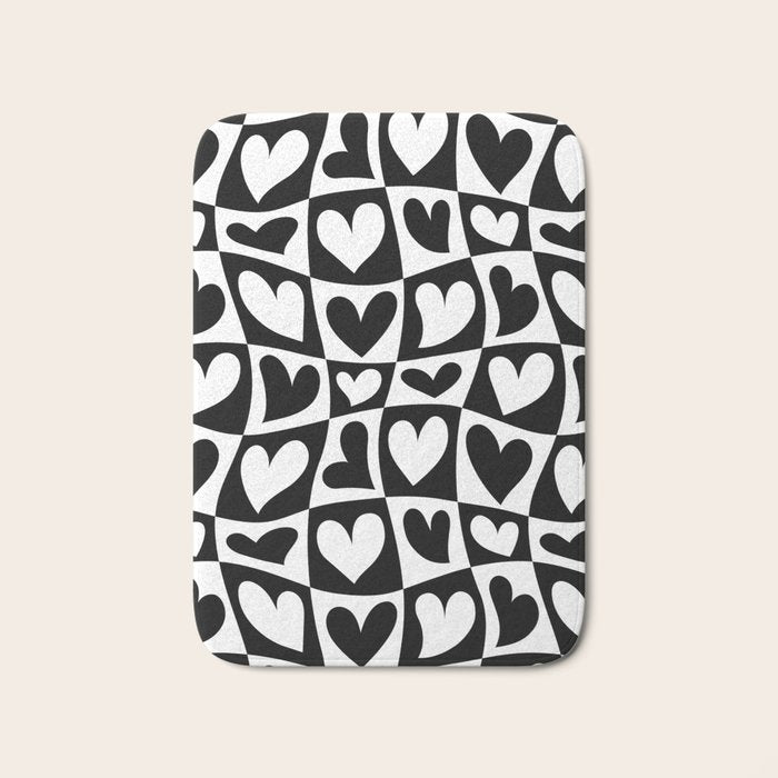 Black and white love heart checkered pattern Bath Mat Gallery Image 1