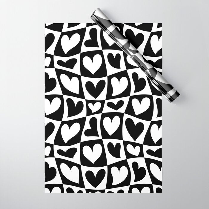 Black and white love heart checkered pattern Wrapping Paper Gallery Image 1
