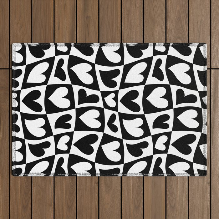 Black and white love heart checkered pattern Outdoor Rug Gallery Image 1