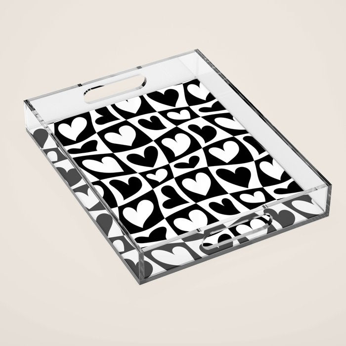 Black and white love heart checkered pattern Acrylic Tray Gallery Image 1
