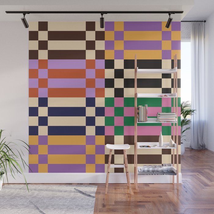 Retro 70s Checkerboard & Stripes Wall Mural Gallery Image 1