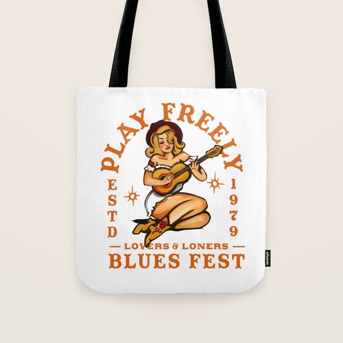 Play Freely Lovers & Loners Blues Fest Guitar Girl Tote Bag Gallery Image 1