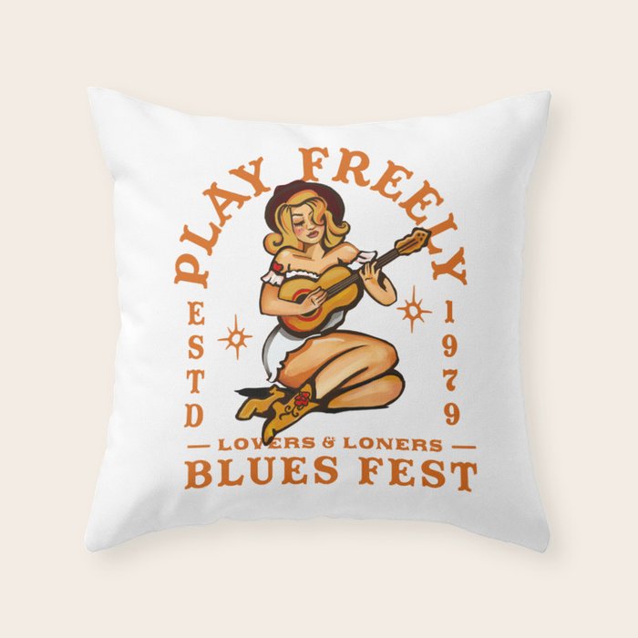 Play Freely Lovers & Loners Blues Fest Guitar Girl Throw Pillow Gallery Image 6