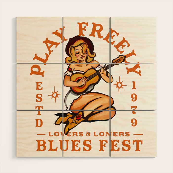 Play Freely Lovers & Loners Blues Fest Guitar Girl Wood Wall Art Gallery Image 1