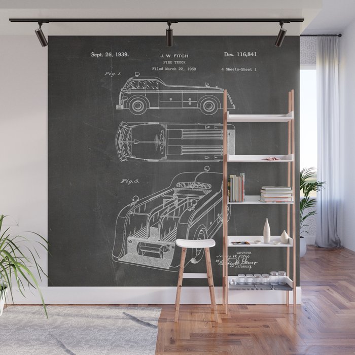 Fire Truck Patent - Fireman Art - Black Chalkboard Wall Mural Gallery Image 1