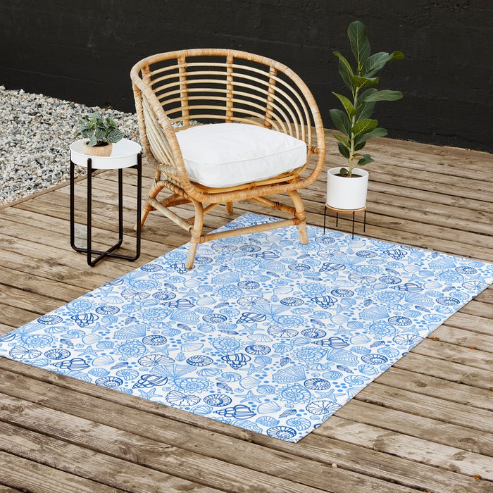 Vintage pastel Blue White Tropical Seashell Retro Boho Coastal Beach Vibe Outdoor Rug Gallery Image 2