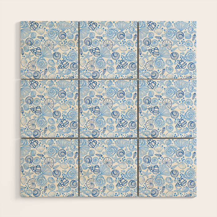 Vintage pastel Blue White Tropical Seashell Retro Boho Coastal Beach Vibe Wood Wall Art Gallery Image 1