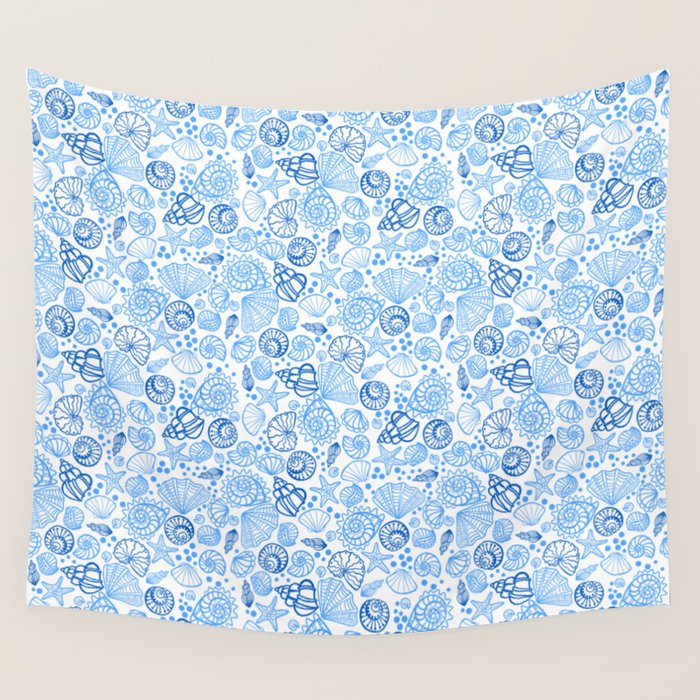 Vintage pastel Blue White Tropical Seashell Retro Boho Coastal Beach Vibe Wall Tapestry Gallery Image 1