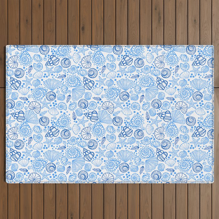 Vintage pastel Blue White Tropical Seashell Retro Boho Coastal Beach Vibe Outdoor Rug Gallery Image 2