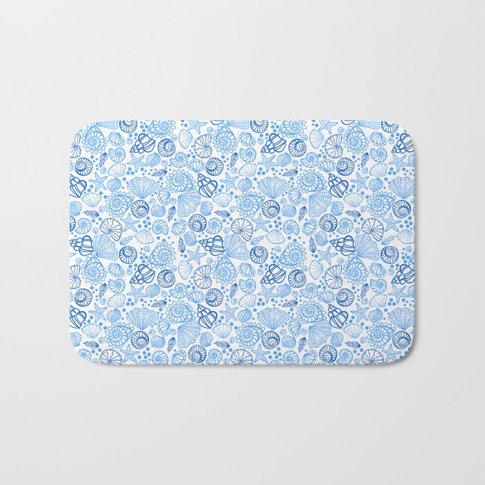 Vintage pastel Blue White Tropical Seashell Retro Boho Coastal Beach Vibe Bath Mat Gallery Image 1