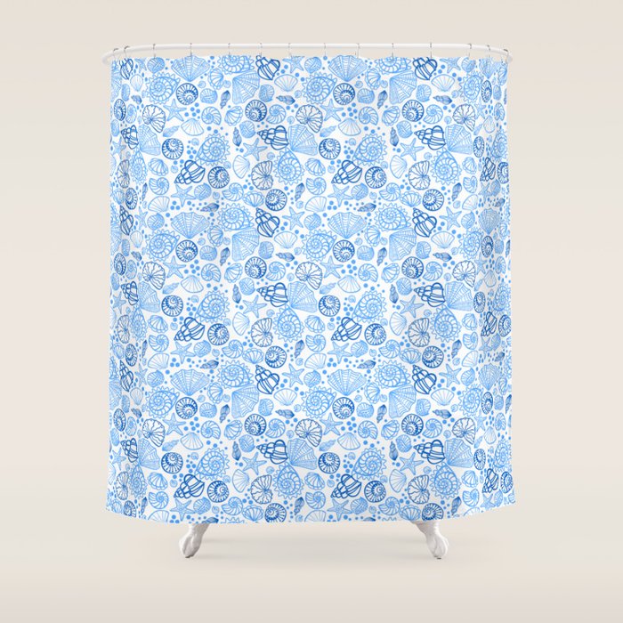 Vintage pastel Blue White Tropical Seashell Retro Boho Coastal Beach Vibe Shower Curtain Gallery Image 1