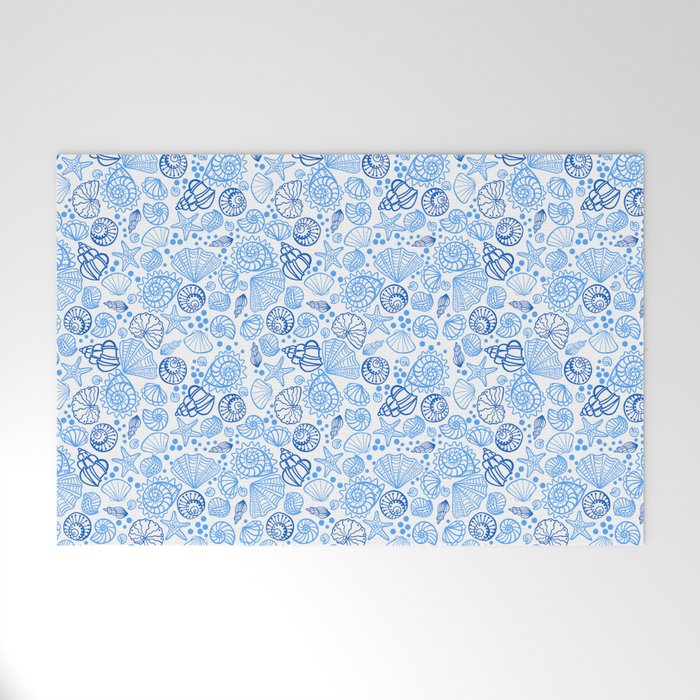 Vintage pastel Blue White Tropical Seashell Retro Boho Coastal Beach Vibe Welcome Mat Gallery Image 1
