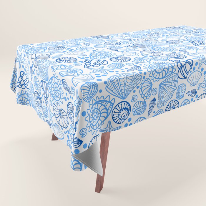 Vintage pastel Blue White Tropical Seashell Retro Boho Coastal Beach Vibe Tablecloth Gallery Image 1