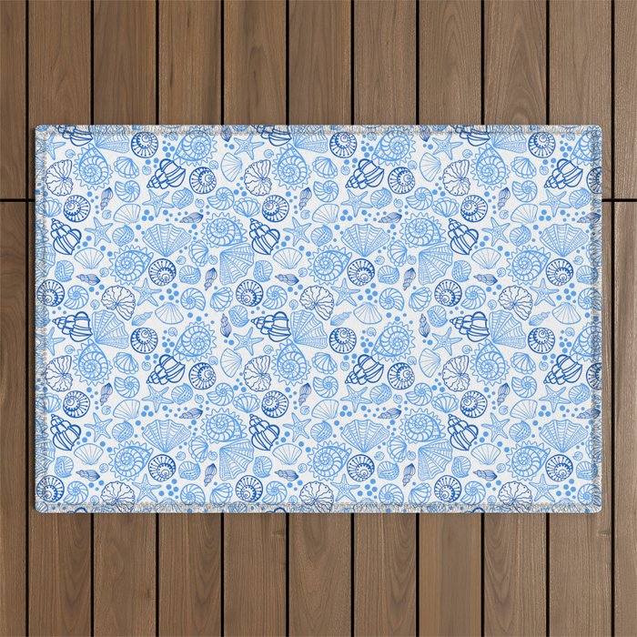 Vintage pastel Blue White Tropical Seashell Retro Boho Coastal Beach Vibe Outdoor Rug Gallery Image 1